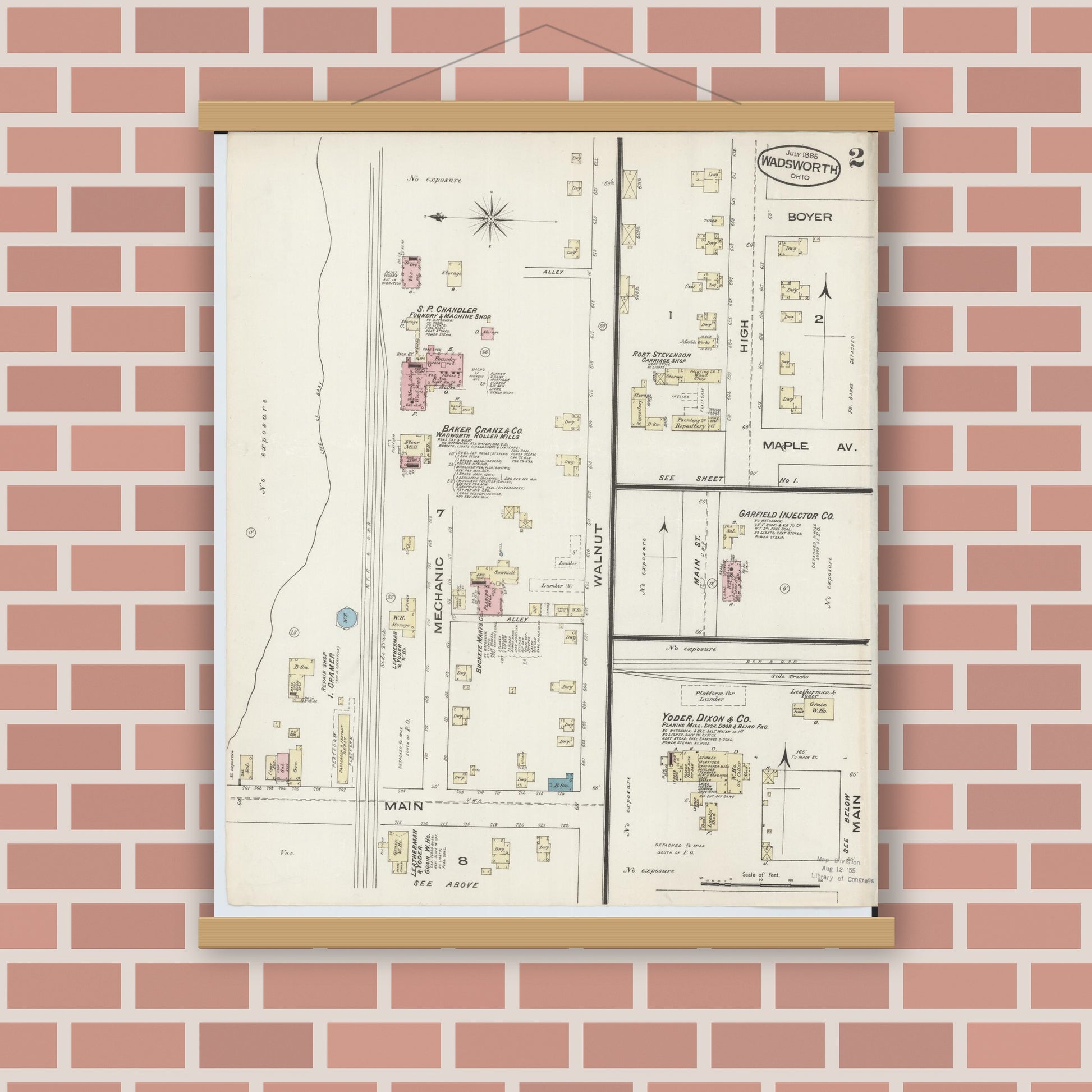 Old map wall art mockup — magnetic wood frame on brick wall — Sanborn Fire Insurance Map from Wadsworth, Medina County, Ohio (1885), Sheet #0002