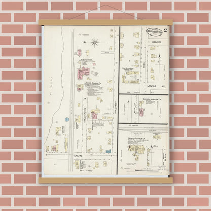 Old map wall art mockup — magnetic wood frame on brick wall — Sanborn Fire Insurance Map from Wadsworth, Medina County, Ohio (1885), Sheet #0002