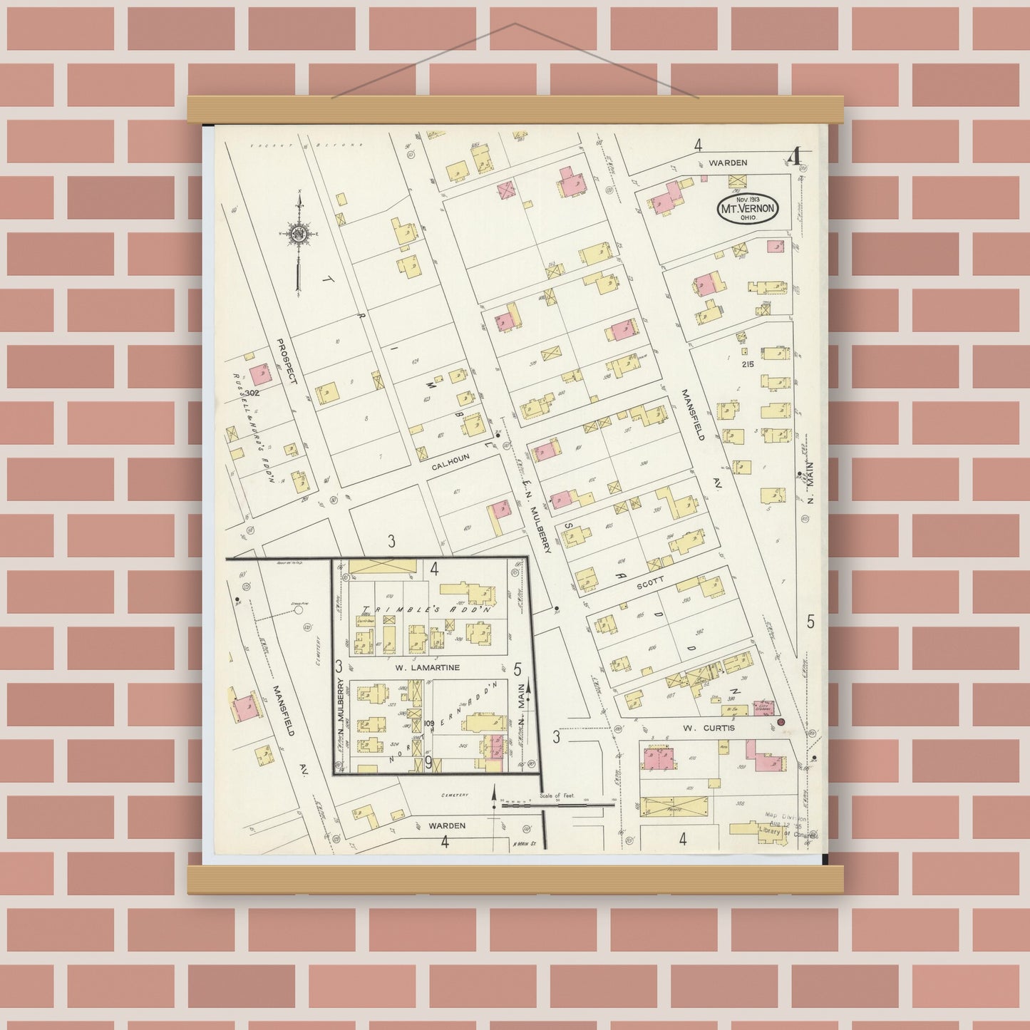 Old map wall art mockup — magnetic wood frame on brick wall — Sanborn Fire Insurance Map from Mount Vernon, Knox County, Ohio (1913), Sheet #0004