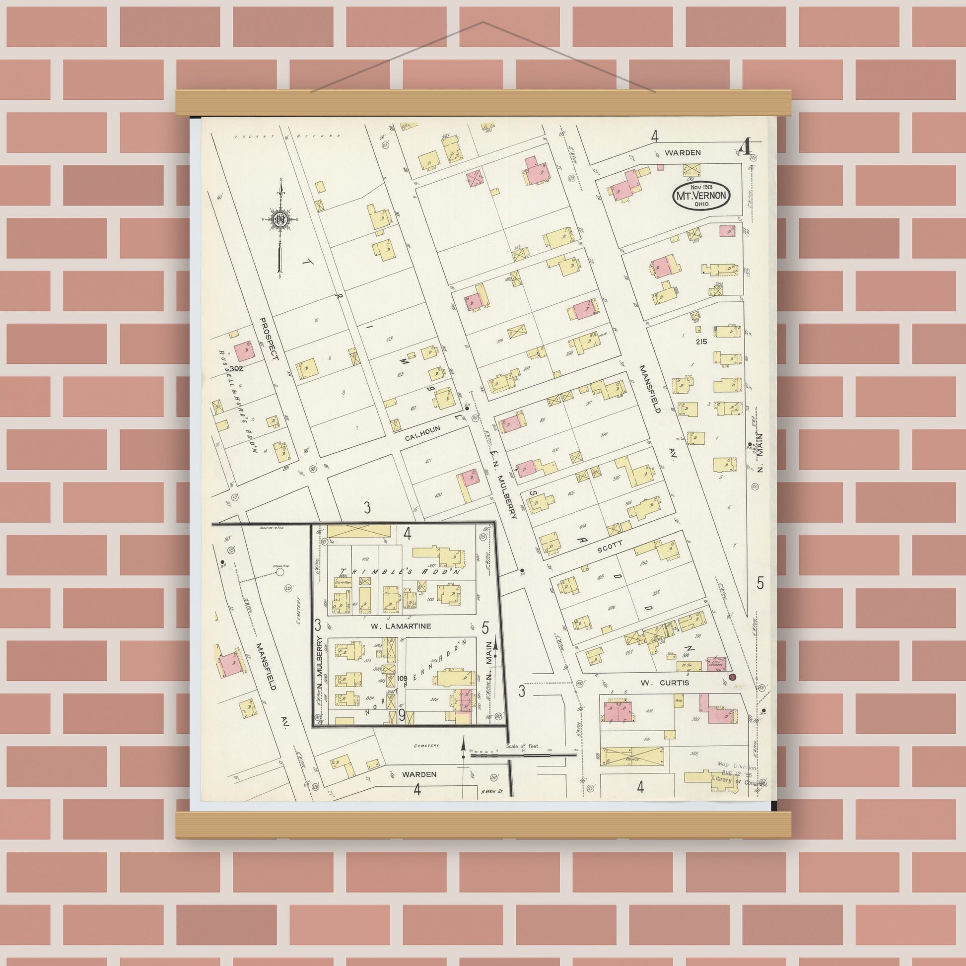 Old map wall art mockup — magnetic wood frame on brick wall — Sanborn Fire Insurance Map from Mount Vernon, Knox County, Ohio (1913), Sheet #0004
