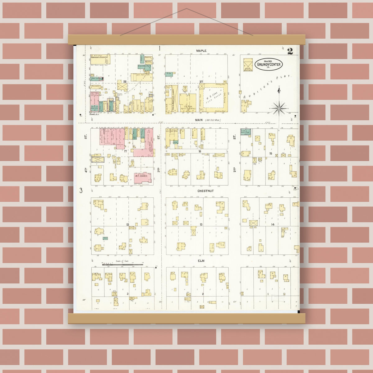 Old map wall art mockup — magnetic wood frame on brick wall — Sanborn Fire Insurance Map from Grundy Center, Grundy County, Iowa (1902), Sheet #0002