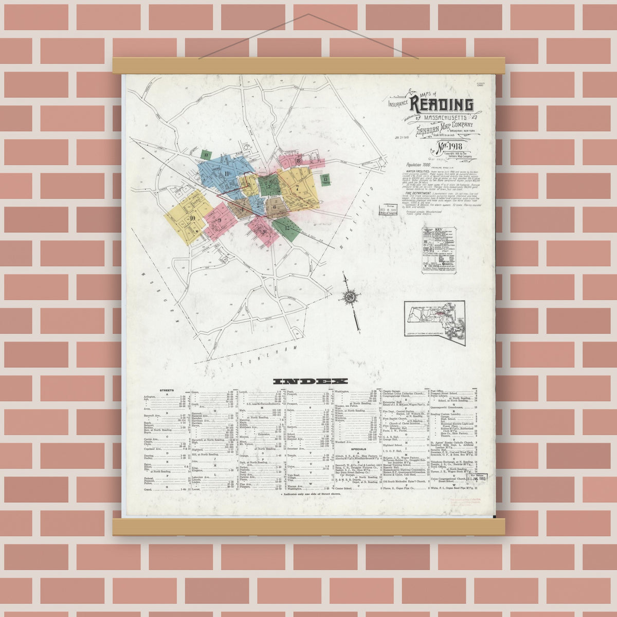 Old map wall art mockup — magnetic wood frame on brick wall — Sanborn Fire Insurance Map from Reading, Middlesex County, Massachusetts (1918) - Complete Map Set
