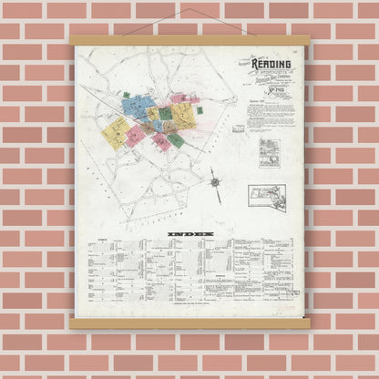 Old map wall art mockup — magnetic wood frame on brick wall — Sanborn Fire Insurance Map from Reading, Middlesex County, Massachusetts (1918) - Complete Map Set