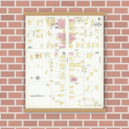 Old map wall art mockup — magnetic wood frame on brick wall — Sanborn Fire Insurance Map from Pendleton, Madison County, Indiana (1908), Sheet #0002