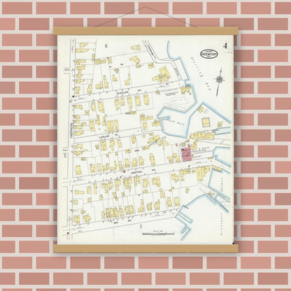 Old map wall art mockup — magnetic wood frame on brick wall — Sanborn Fire Insurance Map from Greenport, Suffolk County, New York (1917), Sheet #0004