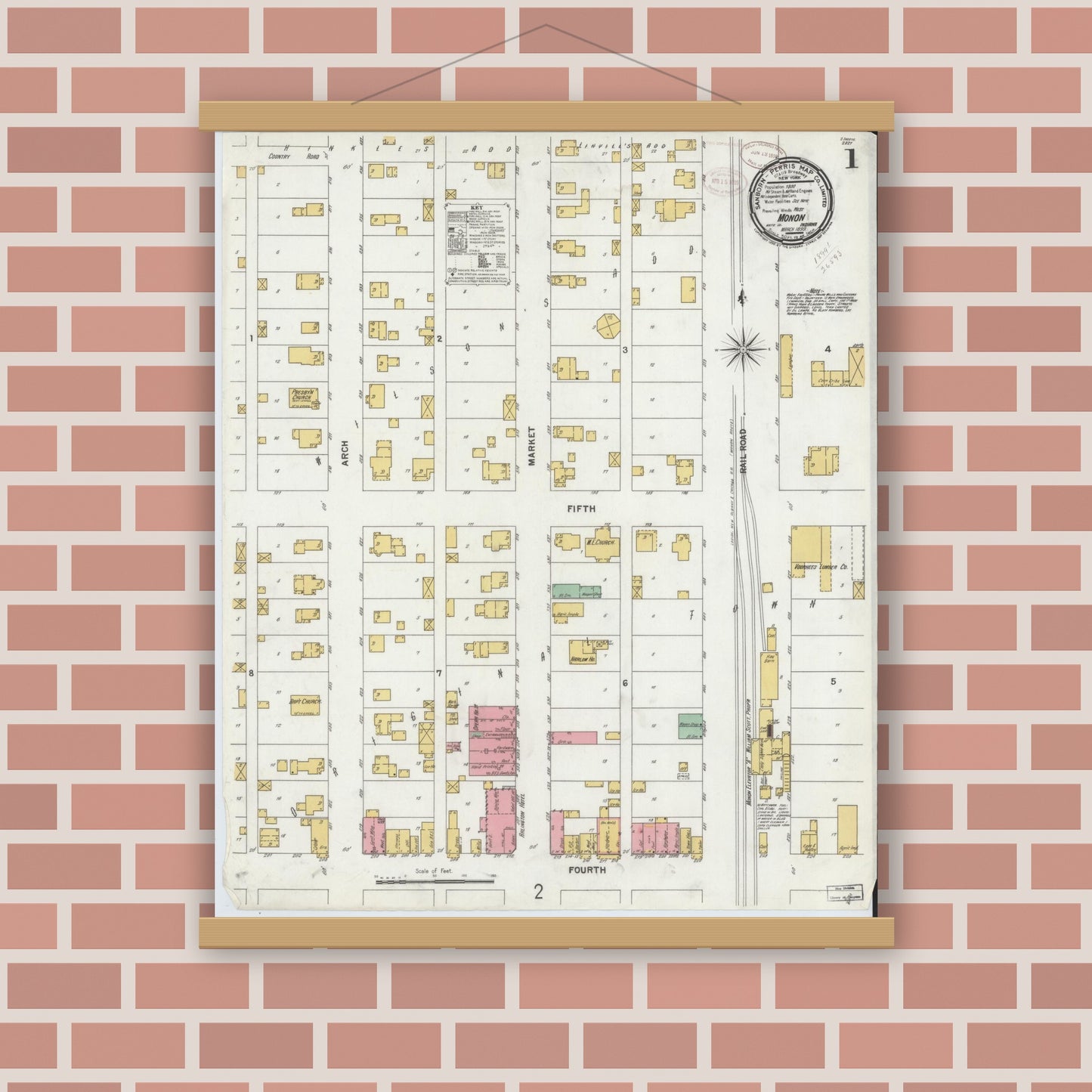 Old map wall art mockup — magnetic wood frame on brick wall — Sanborn Fire Insurance Map from Monon, White County, Indiana (1899), Sheet #0001