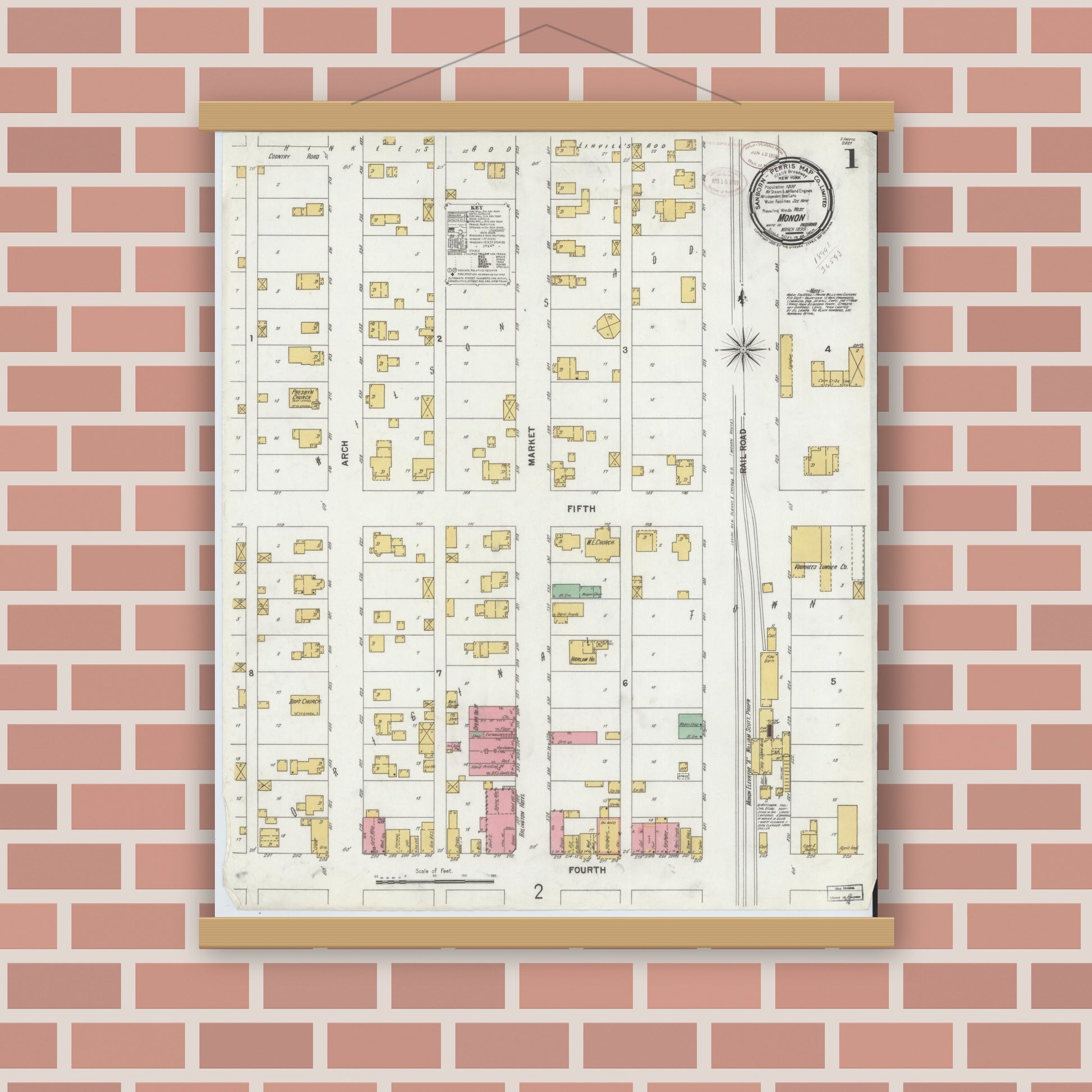 Old map wall art mockup — magnetic wood frame on brick wall — Sanborn Fire Insurance Map from Monon, White County, Indiana (1899), Sheet #0001