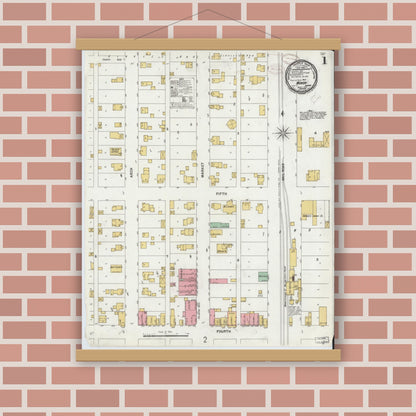 Old map wall art mockup — magnetic wood frame on brick wall — Sanborn Fire Insurance Map from Monon, White County, Indiana (1899), Sheet #0001