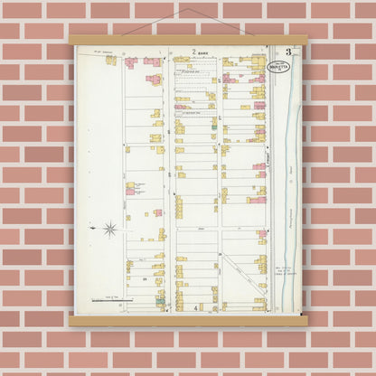 Old map wall art mockup — magnetic wood frame on brick wall — Sanborn Fire Insurance Map from Marietta, Lancaster County, Pennsylvania (1899), Sheet #0003