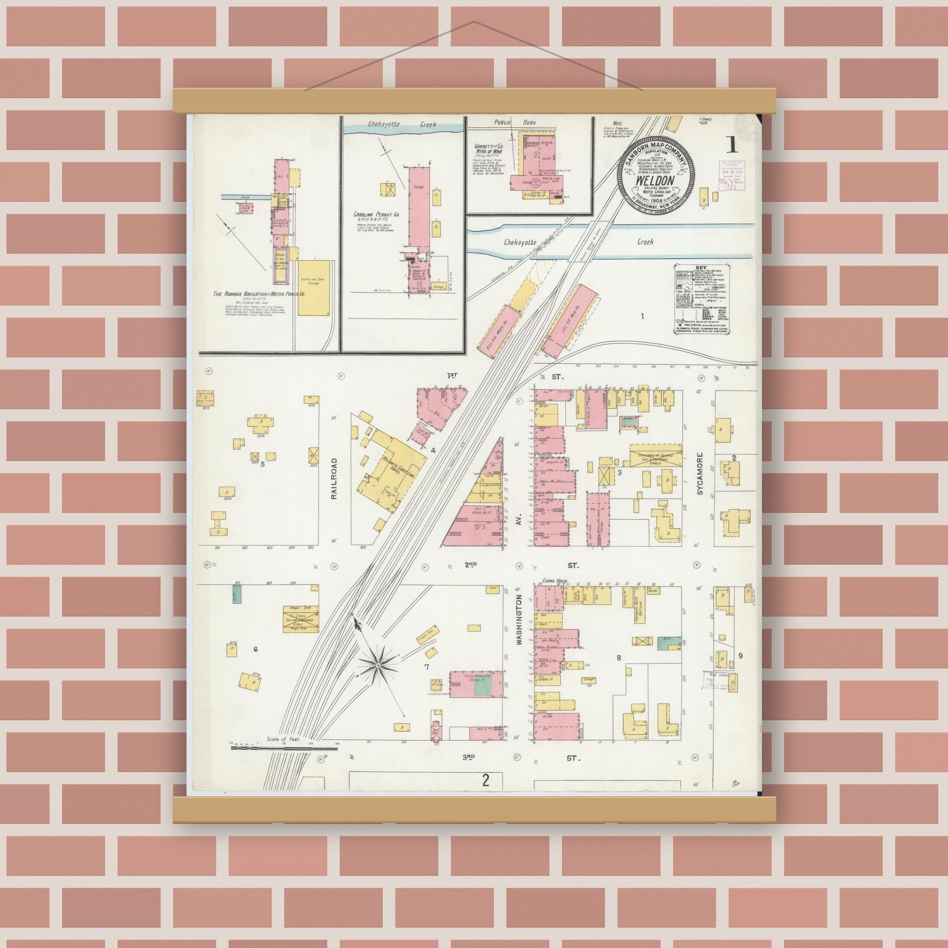 Old map wall art mockup — magnetic wood frame on brick wall — Sanborn Fire Insurance Map from Weldon, Halifax County, North Carolina (1904) - Complete Map Set
