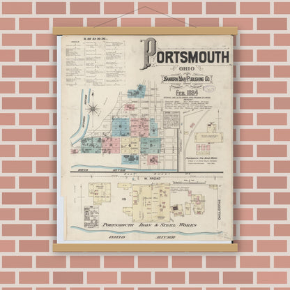 Old map wall art mockup — magnetic wood frame on brick wall — Sanborn Fire Insurance Map from Portsmouth, Scioto County, Ohio (1884), Sheet #0001