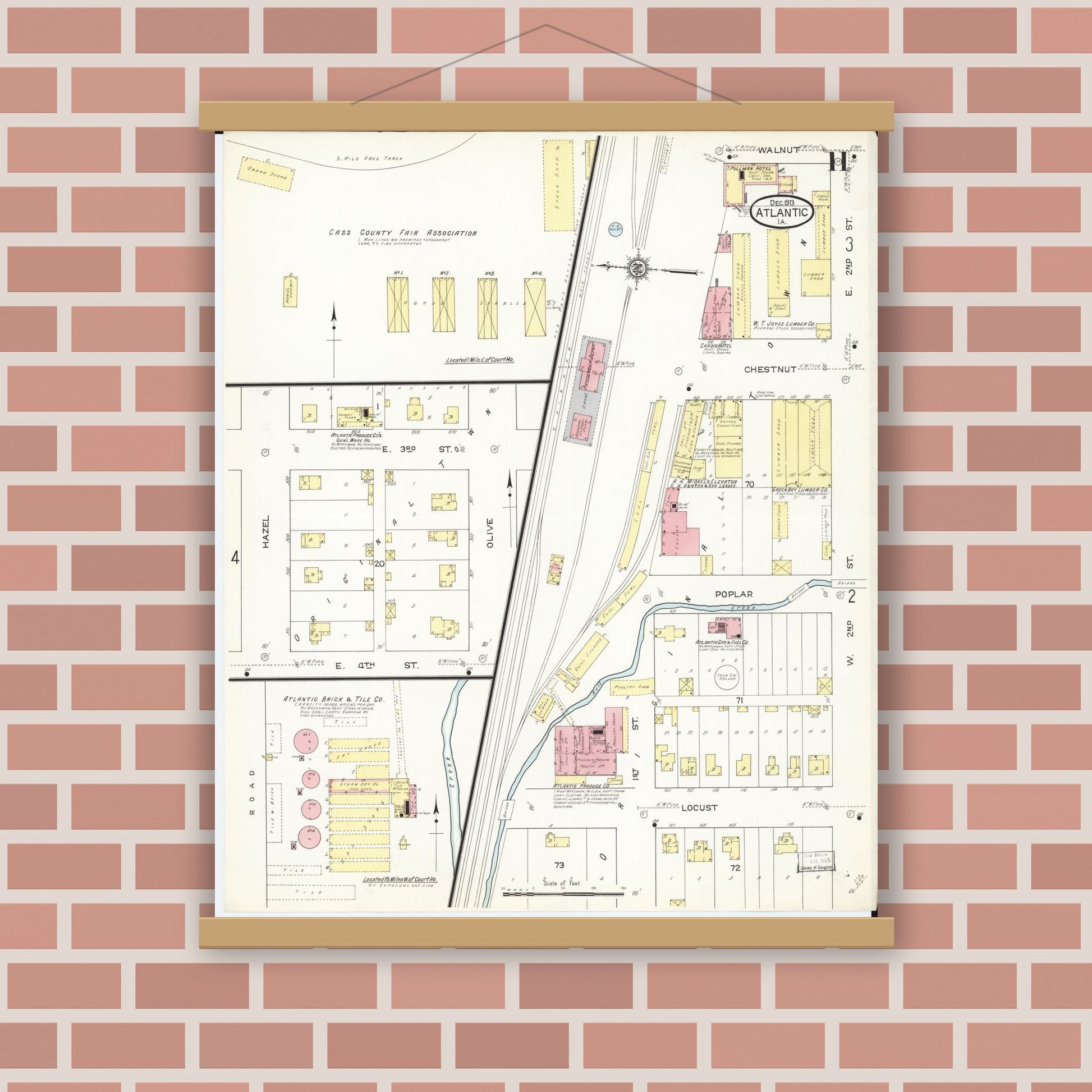 Old map wall art mockup — magnetic wood frame on brick wall — Sanborn Fire Insurance Map from Atlantic, Cass County, Iowa (1913), Sheet #0011