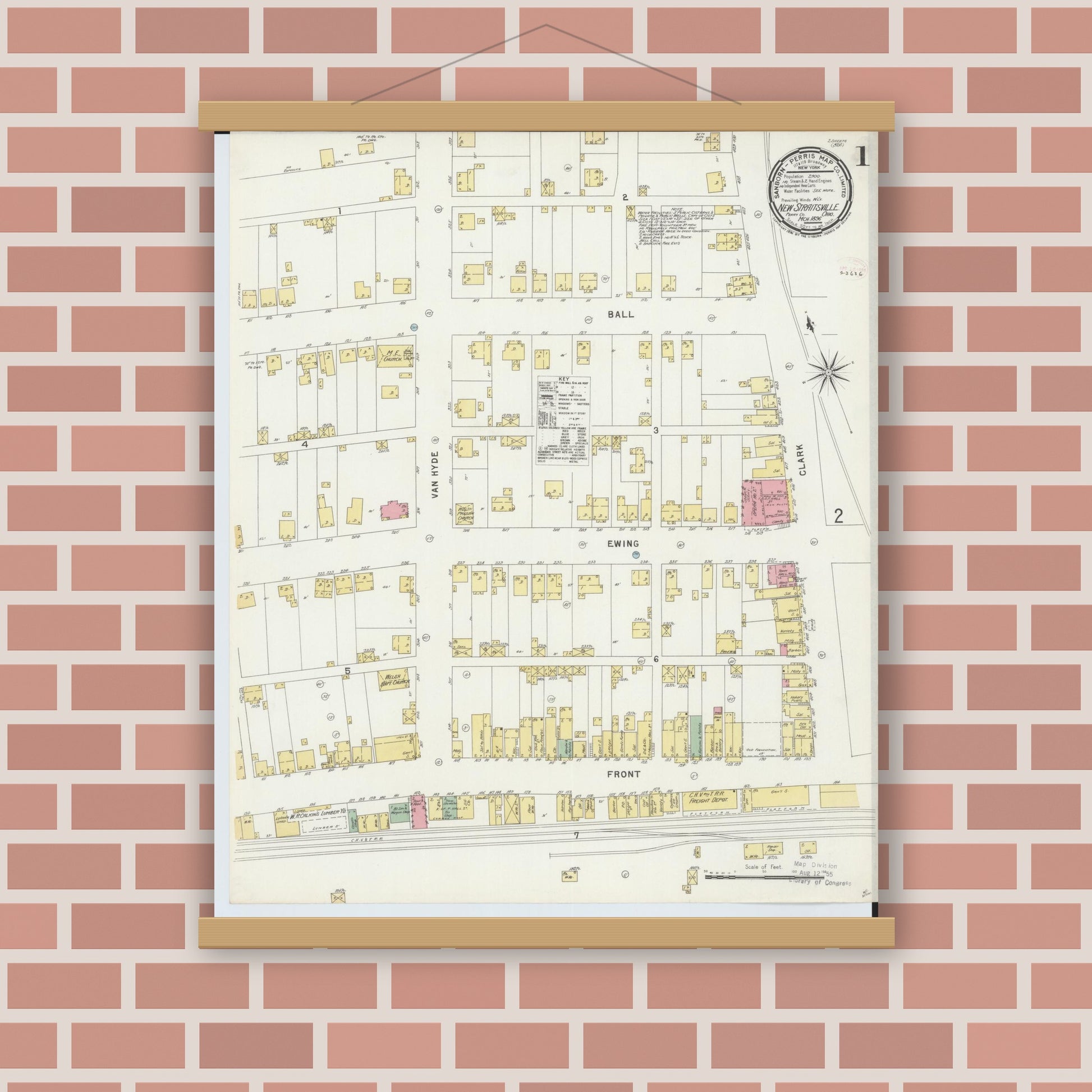 Old map wall art mockup — magnetic wood frame on brick wall — Sanborn Fire Insurance Map from New Straitsville, Perry County, Ohio (1896) - Complete Map Set