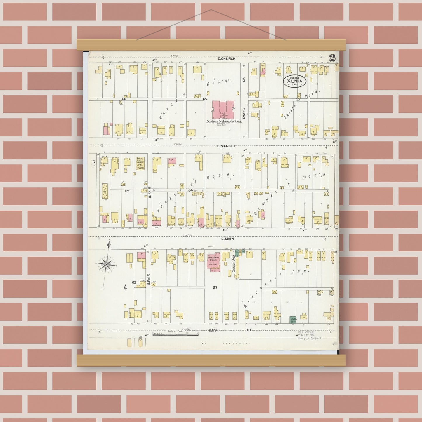 Old map wall art mockup — magnetic wood frame on brick wall — Sanborn Fire Insurance Map from Xenia, Greene County, Ohio (1901), Sheet #0002
