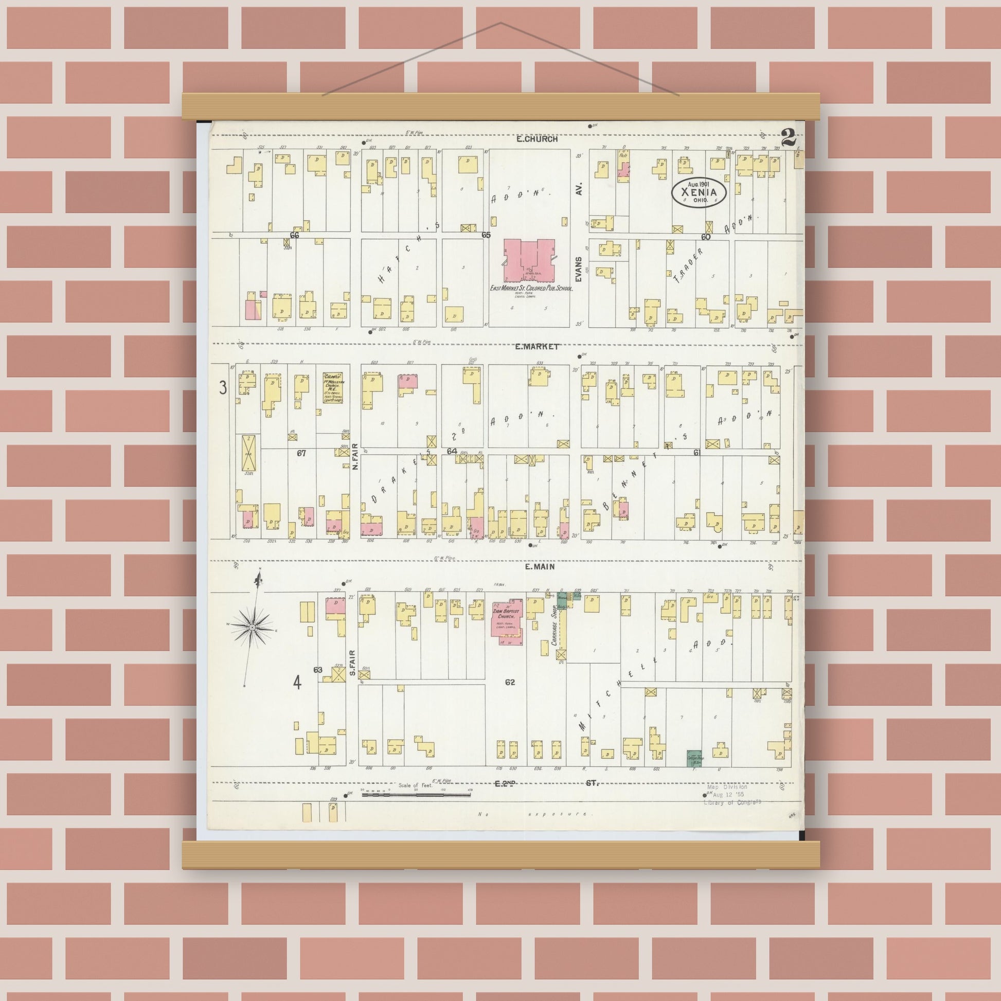 Old map wall art mockup — magnetic wood frame on brick wall — Sanborn Fire Insurance Map from Xenia, Greene County, Ohio (1901), Sheet #0002