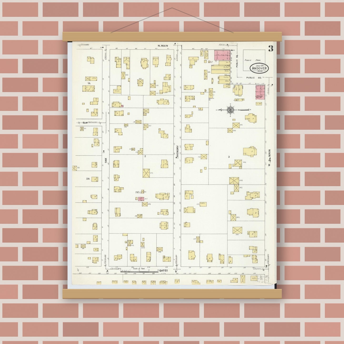 Old map wall art mockup — magnetic wood frame on brick wall — Sanborn Fire Insurance Map from Andover, Ashtabula County, Ohio (1911), Sheet #0003