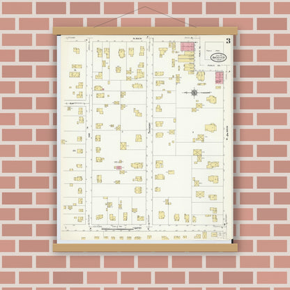 Old map wall art mockup — magnetic wood frame on brick wall — Sanborn Fire Insurance Map from Andover, Ashtabula County, Ohio (1911), Sheet #0003
