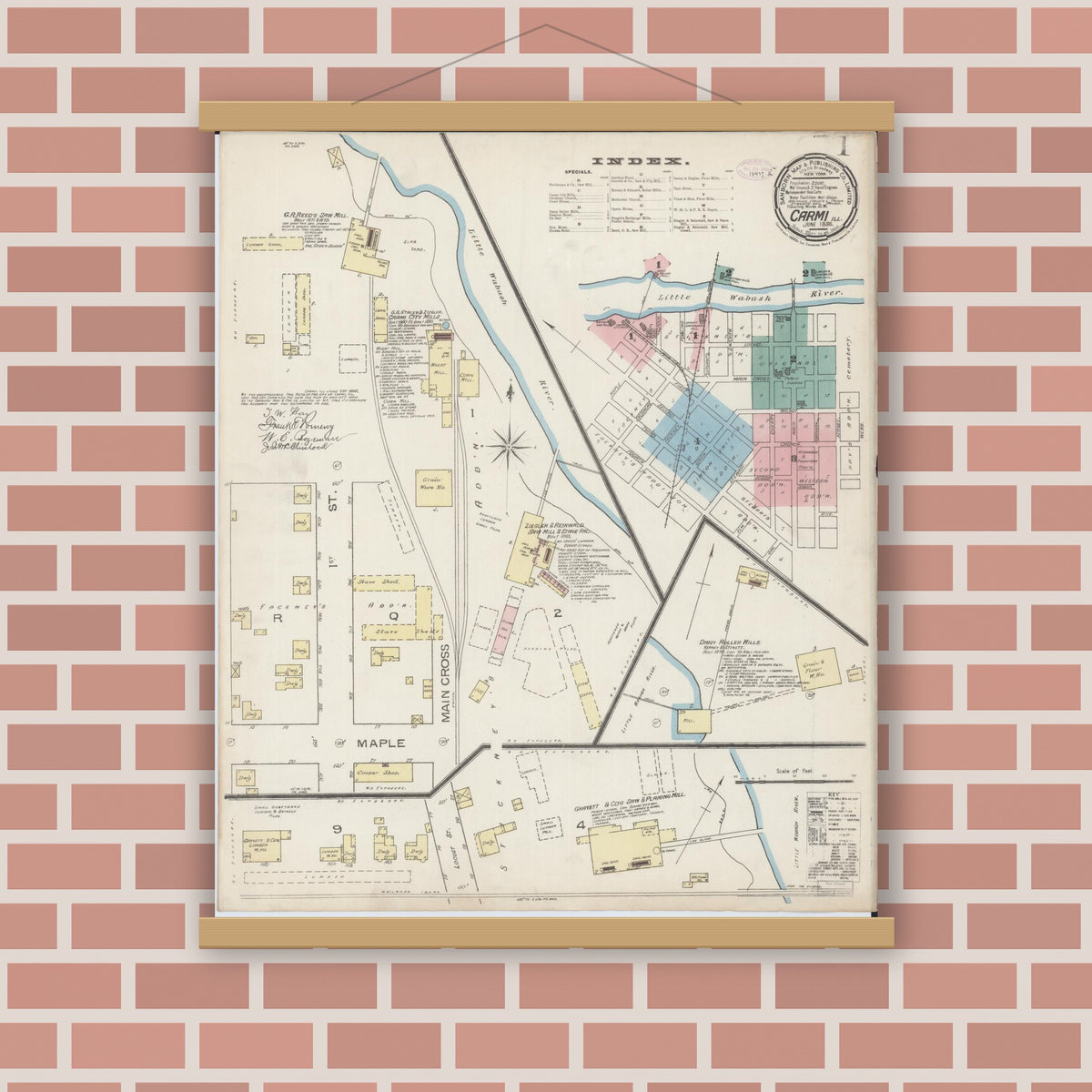 Old map wall art mockup — magnetic wood frame on brick wall — Sanborn Fire Insurance Map from Carmi, White County, Illinois (1886) - Complete Map Set