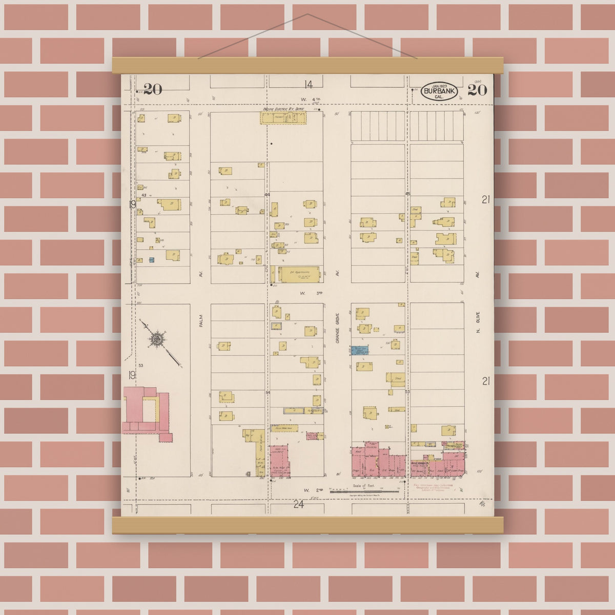 Old map wall art mockup — magnetic wood frame on brick wall — Sanborn Fire Insurance Map from Burbank, Los Angeles County, California (1923), Sheet #0020