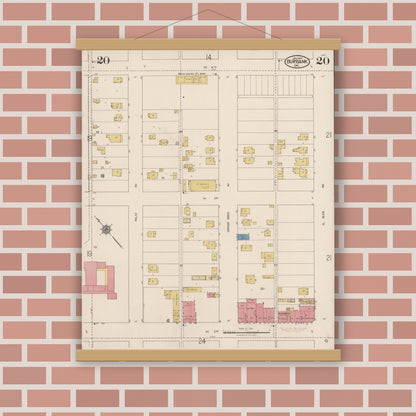 Old map wall art mockup — magnetic wood frame on brick wall — Sanborn Fire Insurance Map from Burbank, Los Angeles County, California (1923), Sheet #0020