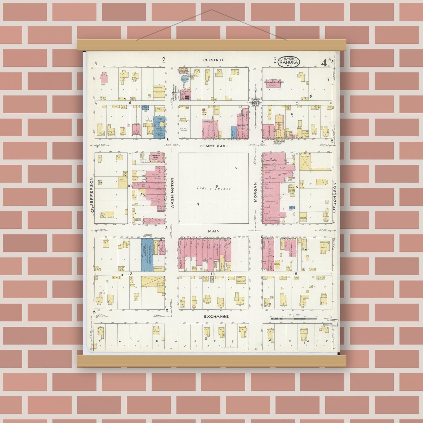 Old map wall art mockup — magnetic wood frame on brick wall — Sanborn Fire Insurance Map from Kahoka, Clark County, Missouri (1916), Sheet #0004