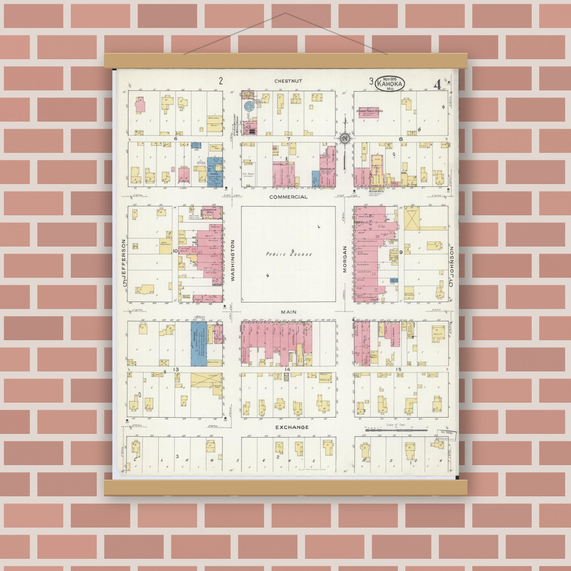 Old map wall art mockup — magnetic wood frame on brick wall — Sanborn Fire Insurance Map from Kahoka, Clark County, Missouri (1916), Sheet #0004
