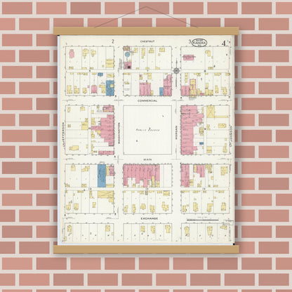 Old map wall art mockup — magnetic wood frame on brick wall — Sanborn Fire Insurance Map from Kahoka, Clark County, Missouri (1916), Sheet #0004