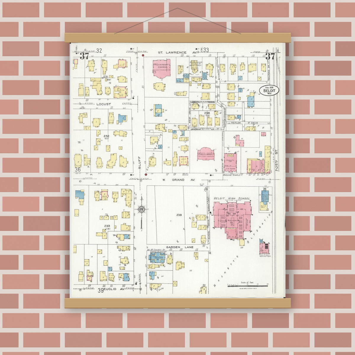 Old map wall art mockup — magnetic wood frame on brick wall — Sanborn Fire Insurance Map from Beloit, Rock County, Wisconsin (1926), Sheet #0037