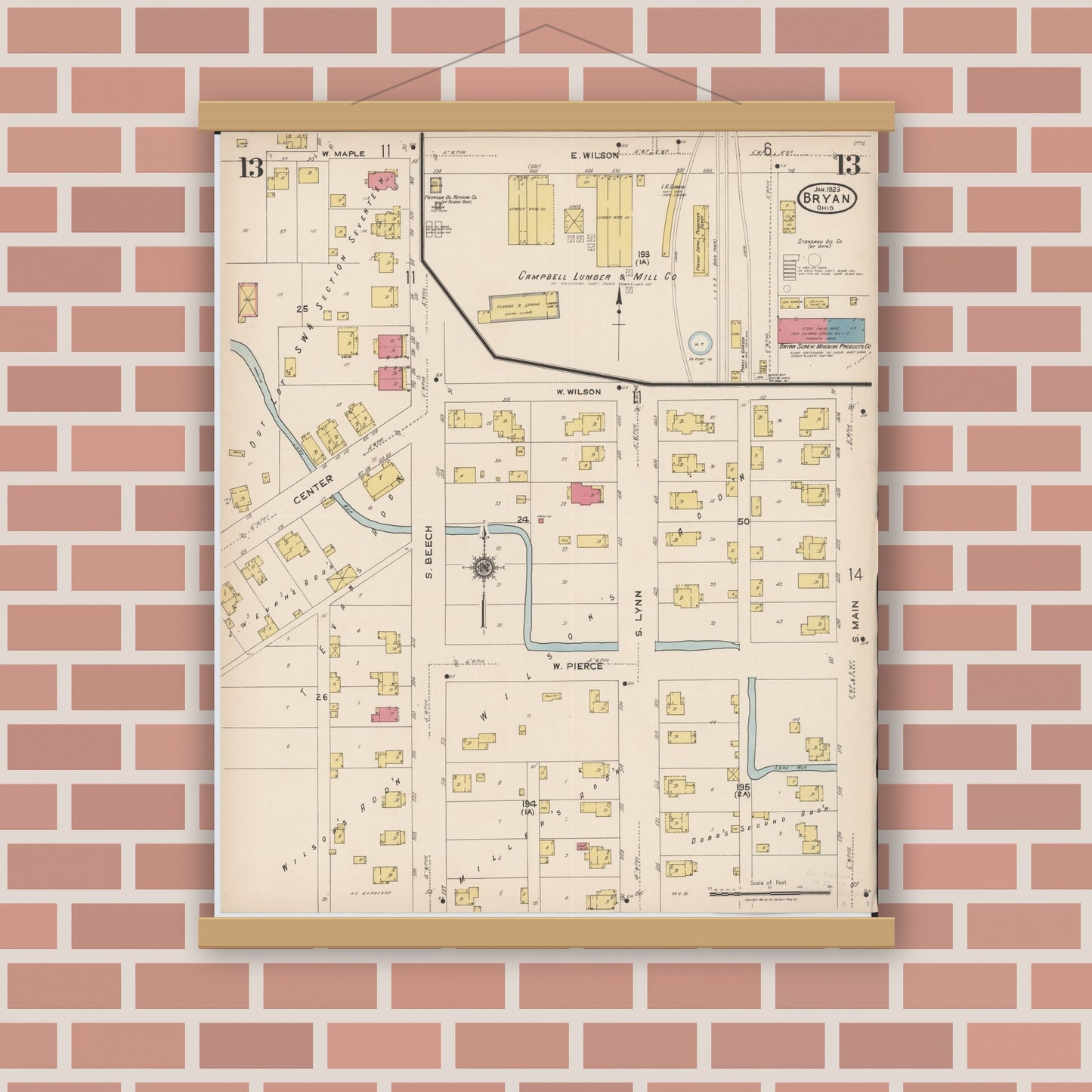 Old map wall art mockup — magnetic wood frame on brick wall — Sanborn Fire Insurance Map from Bryan, Williams County, Ohio (1923), Sheet #0013