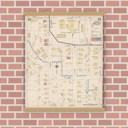 Old map wall art mockup — magnetic wood frame on brick wall — Sanborn Fire Insurance Map from Bryan, Williams County, Ohio (1923), Sheet #0013
