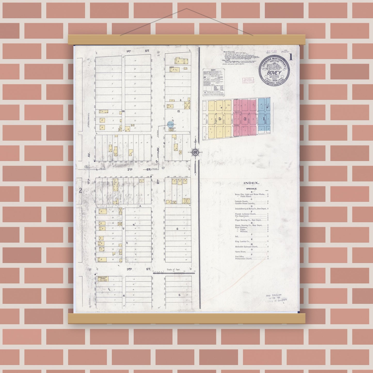 Old map wall art mockup — magnetic wood frame on brick wall — Sanborn Fire Insurance Map from Bovey, Itasca County, Minnesota (1909), Sheet #0001