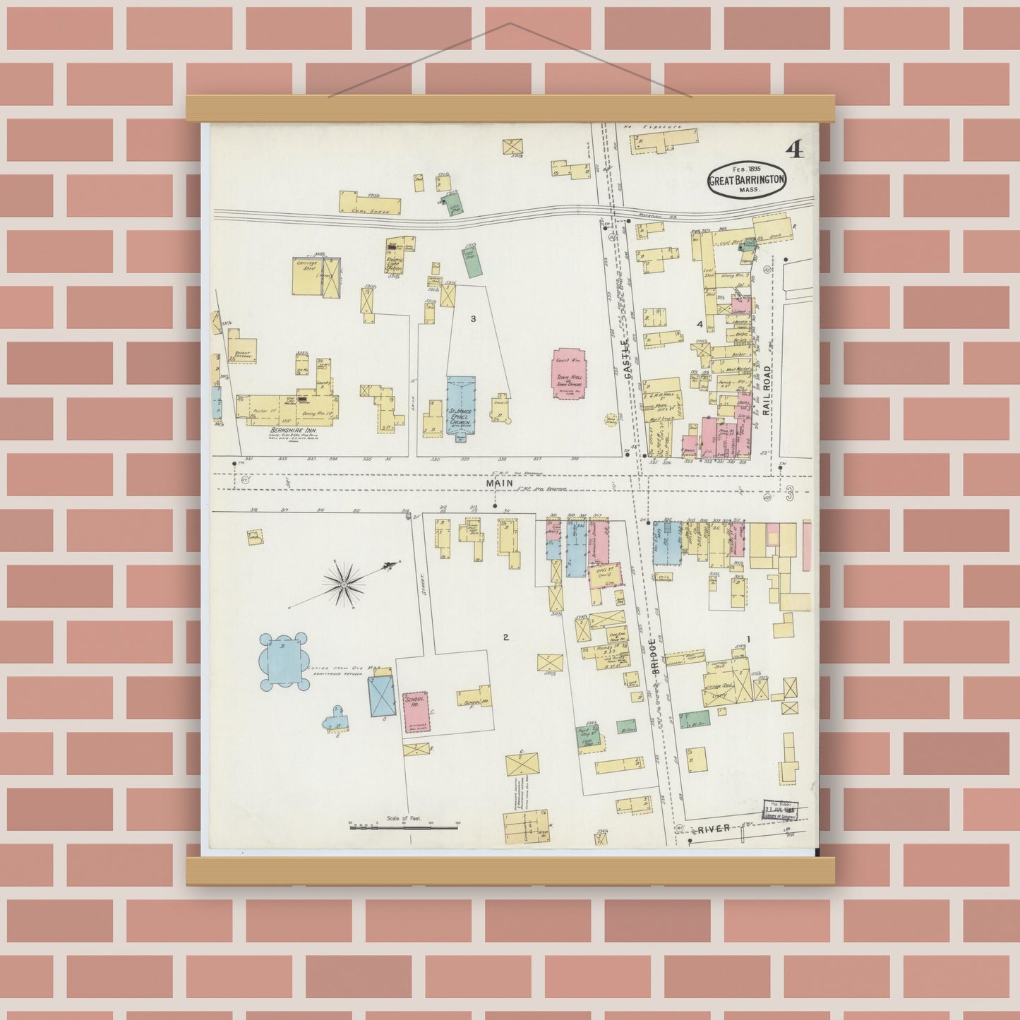 Old map wall art mockup — magnetic wood frame on brick wall — Sanborn Fire Insurance Map from Great Barrington, Berkshire County, Massachusetts (1895), Sheet #0004