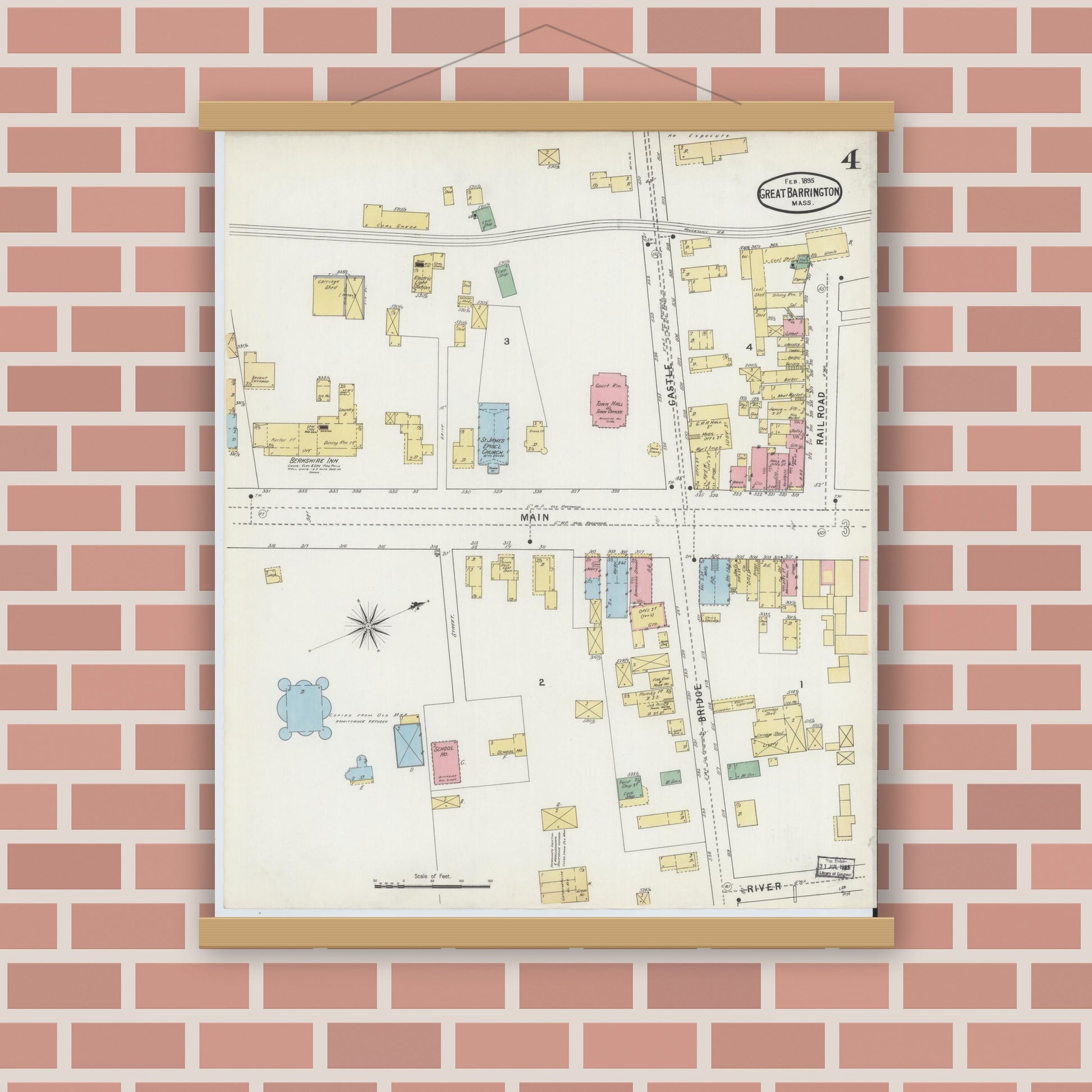 Old map wall art mockup — magnetic wood frame on brick wall — Sanborn Fire Insurance Map from Great Barrington, Berkshire County, Massachusetts (1895), Sheet #0004