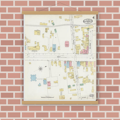 Old map wall art mockup — magnetic wood frame on brick wall — Sanborn Fire Insurance Map from Great Barrington, Berkshire County, Massachusetts (1895), Sheet #0004