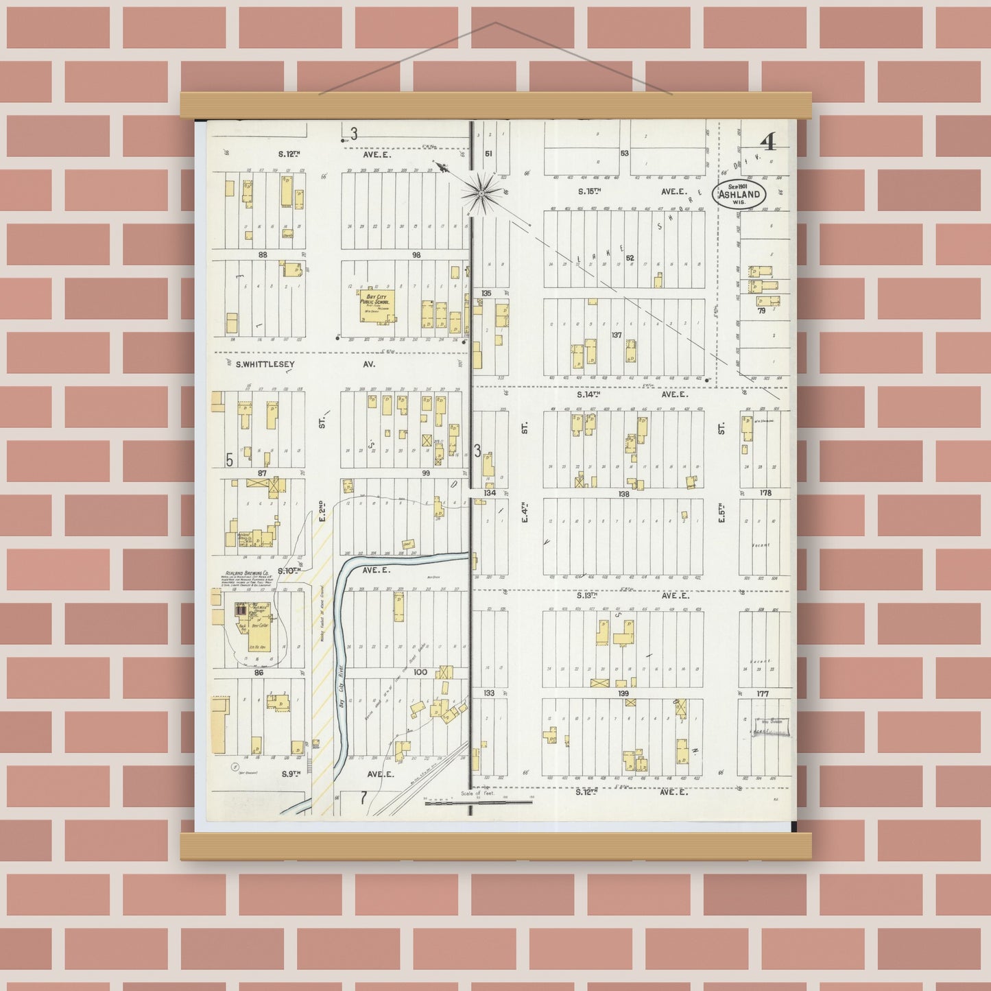 Old map wall art mockup — magnetic wood frame on brick wall — Sanborn Fire Insurance Map from Ashland, Ashland County, Wisconsin (1901), Sheet #0004