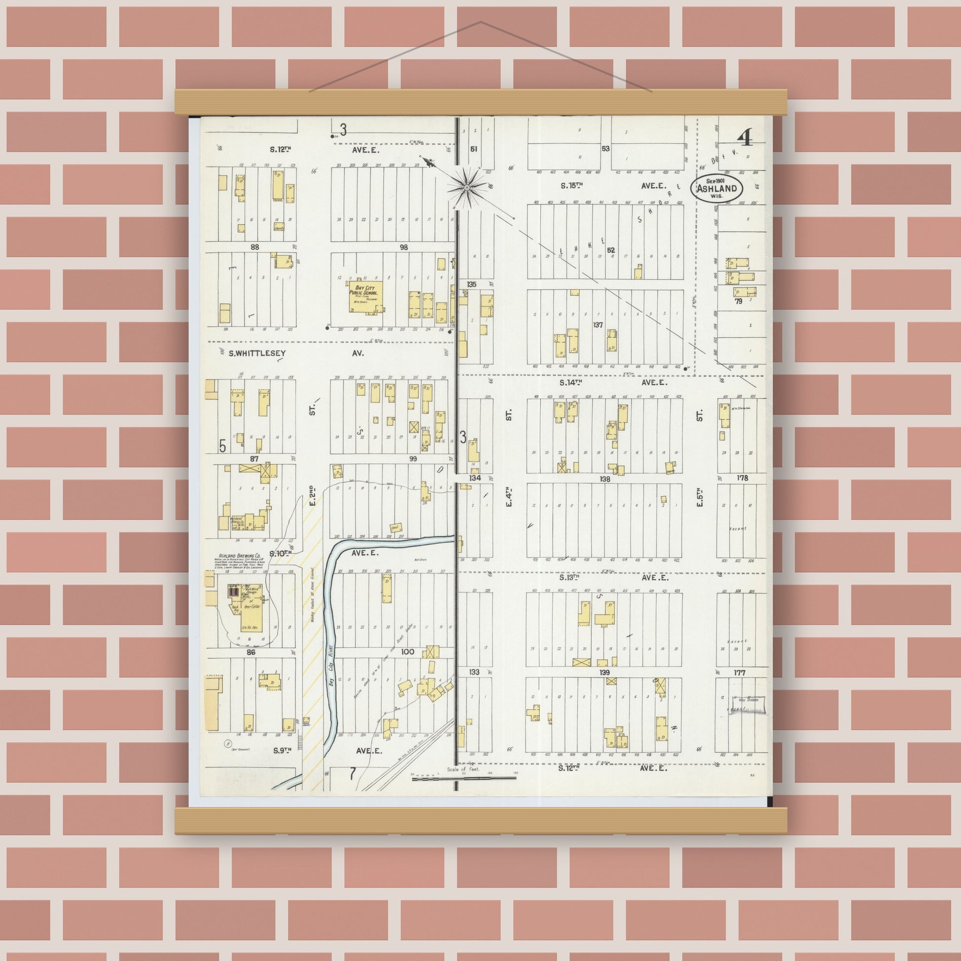 Old map wall art mockup — magnetic wood frame on brick wall — Sanborn Fire Insurance Map from Ashland, Ashland County, Wisconsin (1901), Sheet #0004