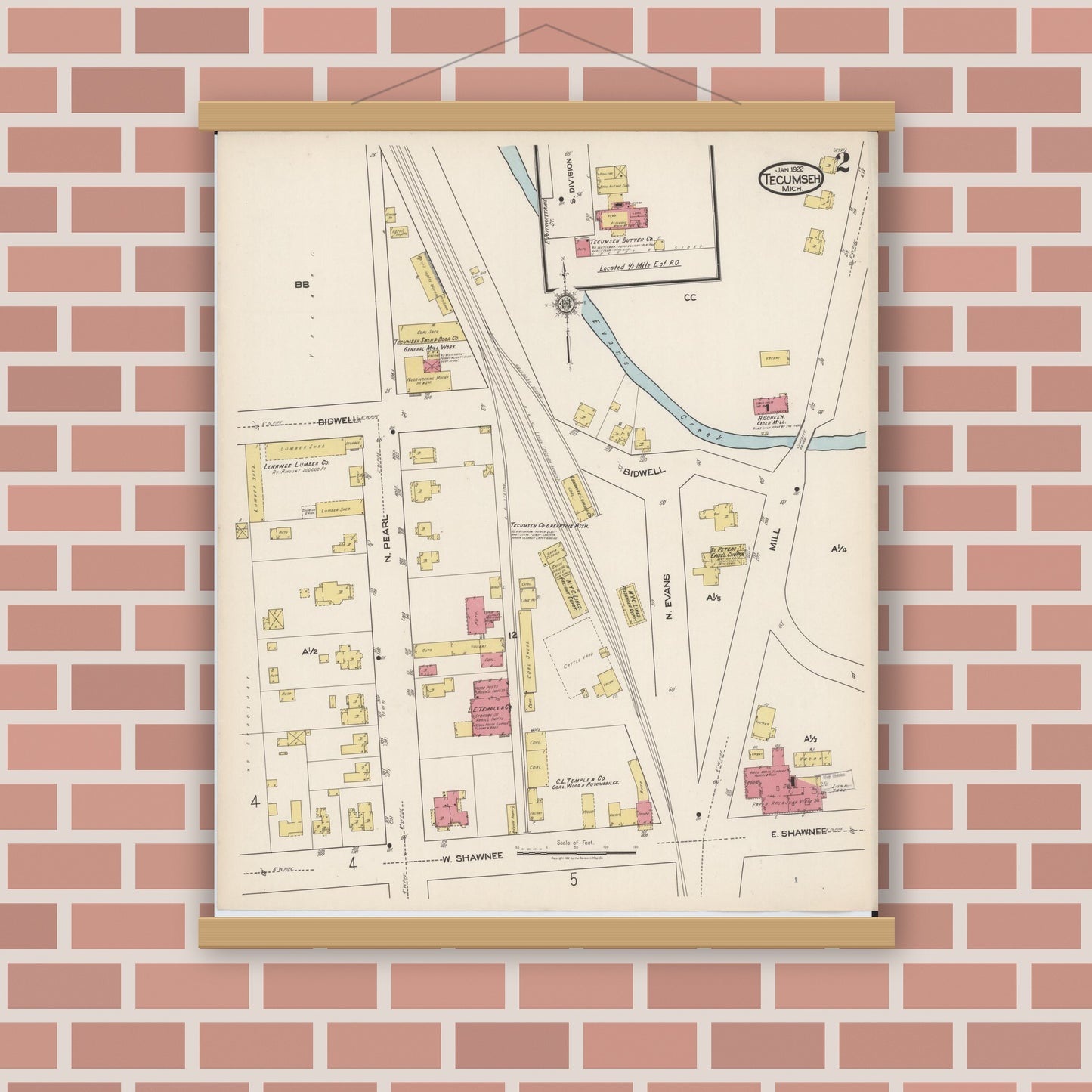 Old map wall art mockup — magnetic wood frame on brick wall — Sanborn Fire Insurance Map from Tecumseh, Lenawee County, Michigan (1922), Sheet #0002