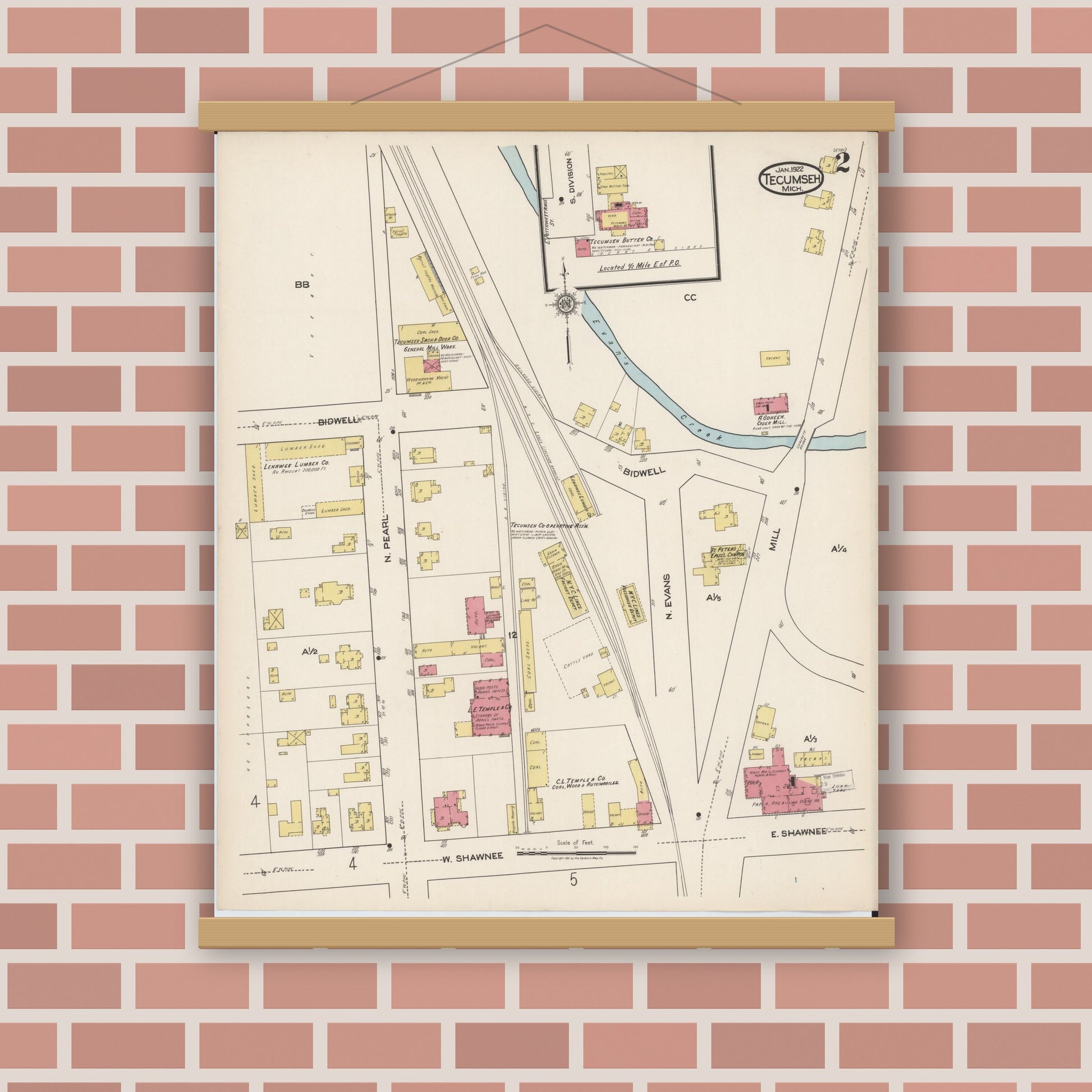 Old map wall art mockup — magnetic wood frame on brick wall — Sanborn Fire Insurance Map from Tecumseh, Lenawee County, Michigan (1922), Sheet #0002