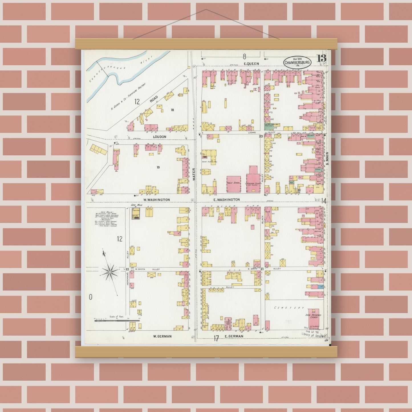 Old map wall art mockup — magnetic wood frame on brick wall — Sanborn Fire Insurance Map from Chambersburg, Franklin County, Pennsylvania (1899), Sheet #0013