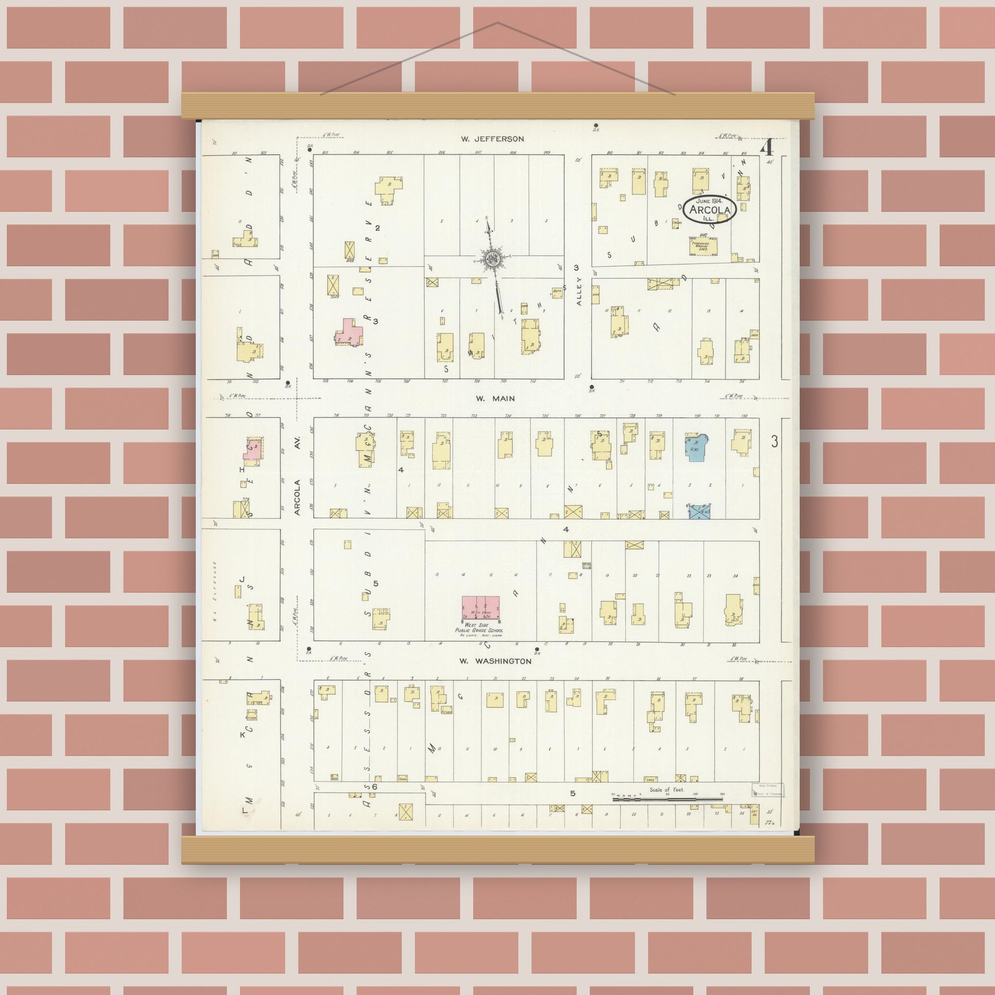 Old map wall art mockup — magnetic wood frame on brick wall — Sanborn Fire Insurance Map from Arcola, Douglas County, Illinois (1914), Sheet #0004