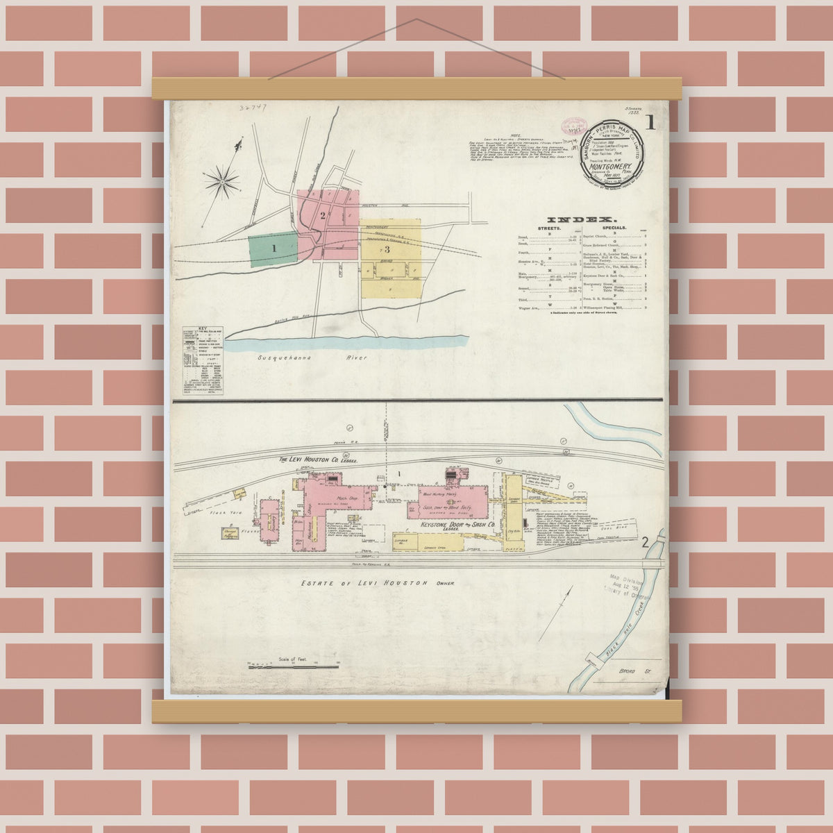 Old map wall art mockup — magnetic wood frame on brick wall — Sanborn Fire Insurance Map from Montgomery, Lycoming County, Pennsylvania (1897), Sheet #0001