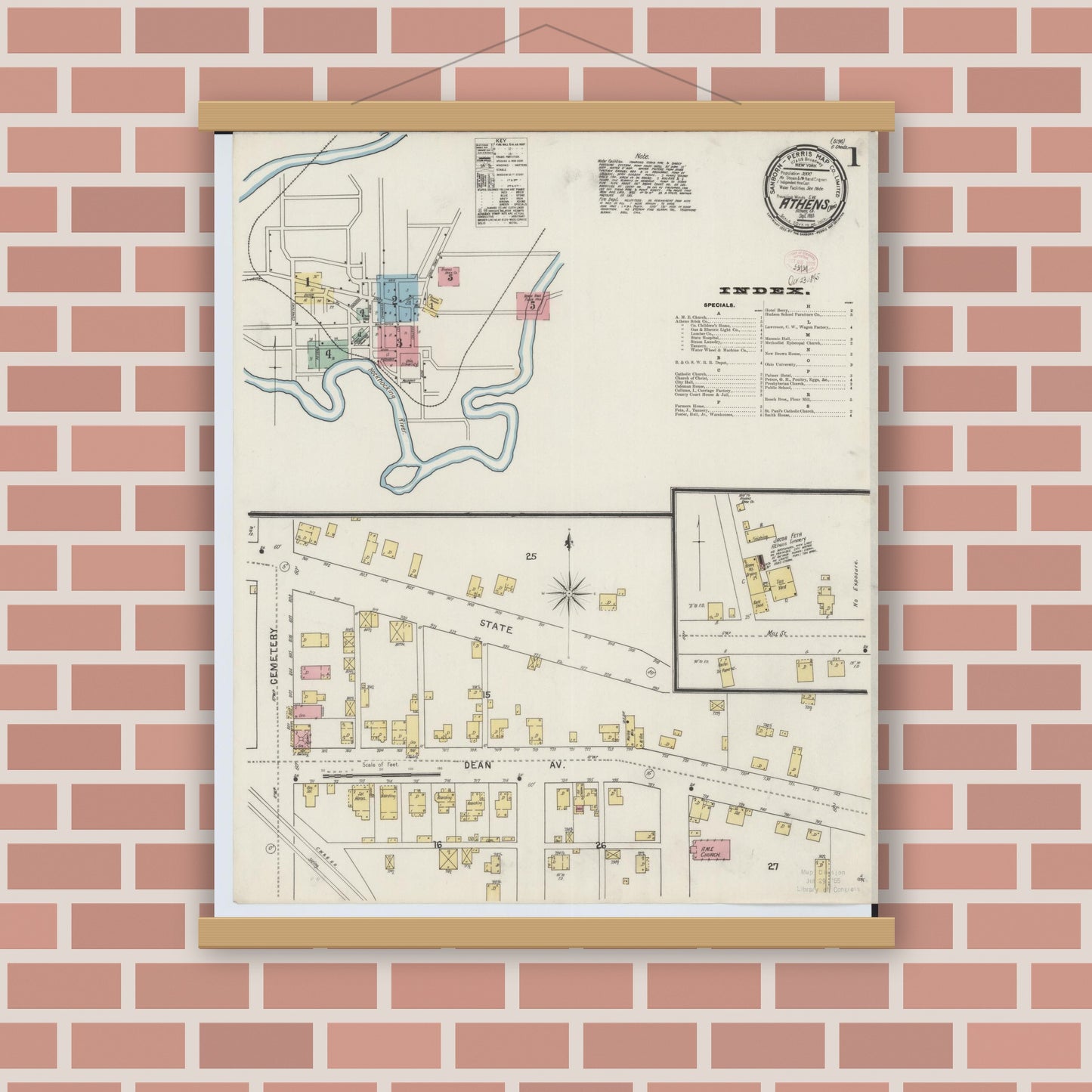 Old map wall art mockup — magnetic wood frame on brick wall — Sanborn Fire Insurance Map from Athens, Athens County, Ohio (1895), Sheet #0001
