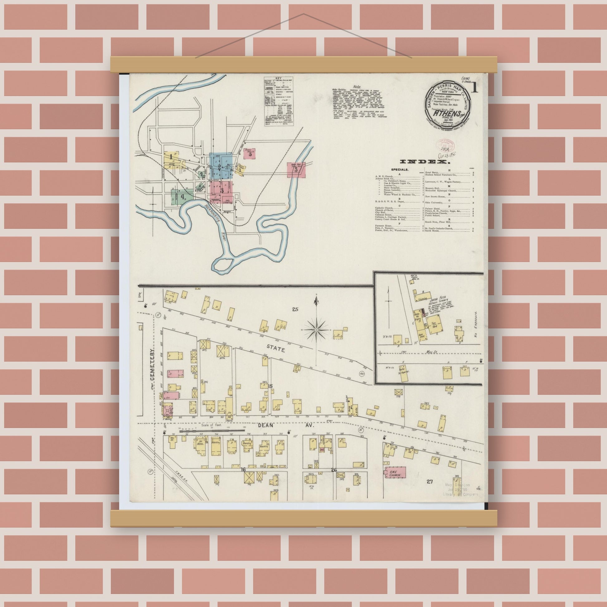 Old map wall art mockup — magnetic wood frame on brick wall — Sanborn Fire Insurance Map from Athens, Athens County, Ohio (1895), Sheet #0001