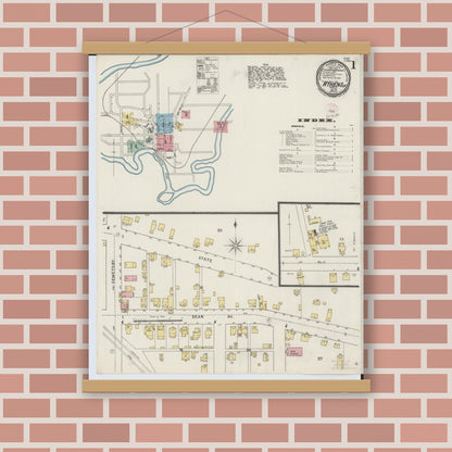 Old map wall art mockup — magnetic wood frame on brick wall — Sanborn Fire Insurance Map from Athens, Athens County, Ohio (1895), Sheet #0001