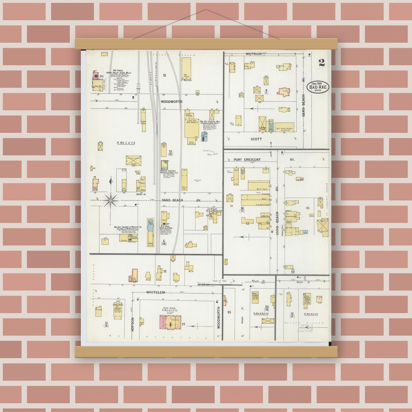 Old map wall art mockup — magnetic wood frame on brick wall — Sanborn Fire Insurance Map from Bad Axe, Huron County, Michigan (1900), Sheet #0002