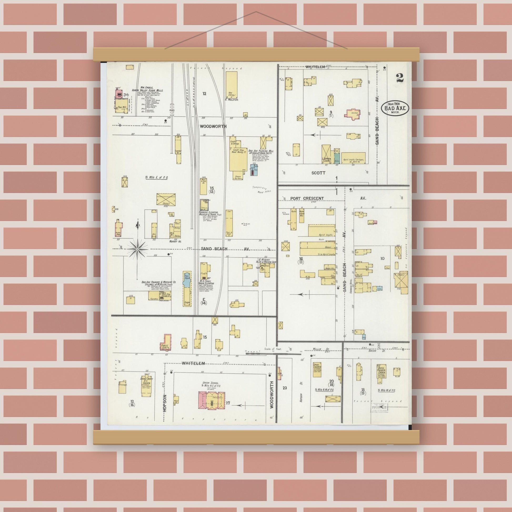 Old map wall art mockup — magnetic wood frame on brick wall — Sanborn Fire Insurance Map from Bad Axe, Huron County, Michigan (1900), Sheet #0002
