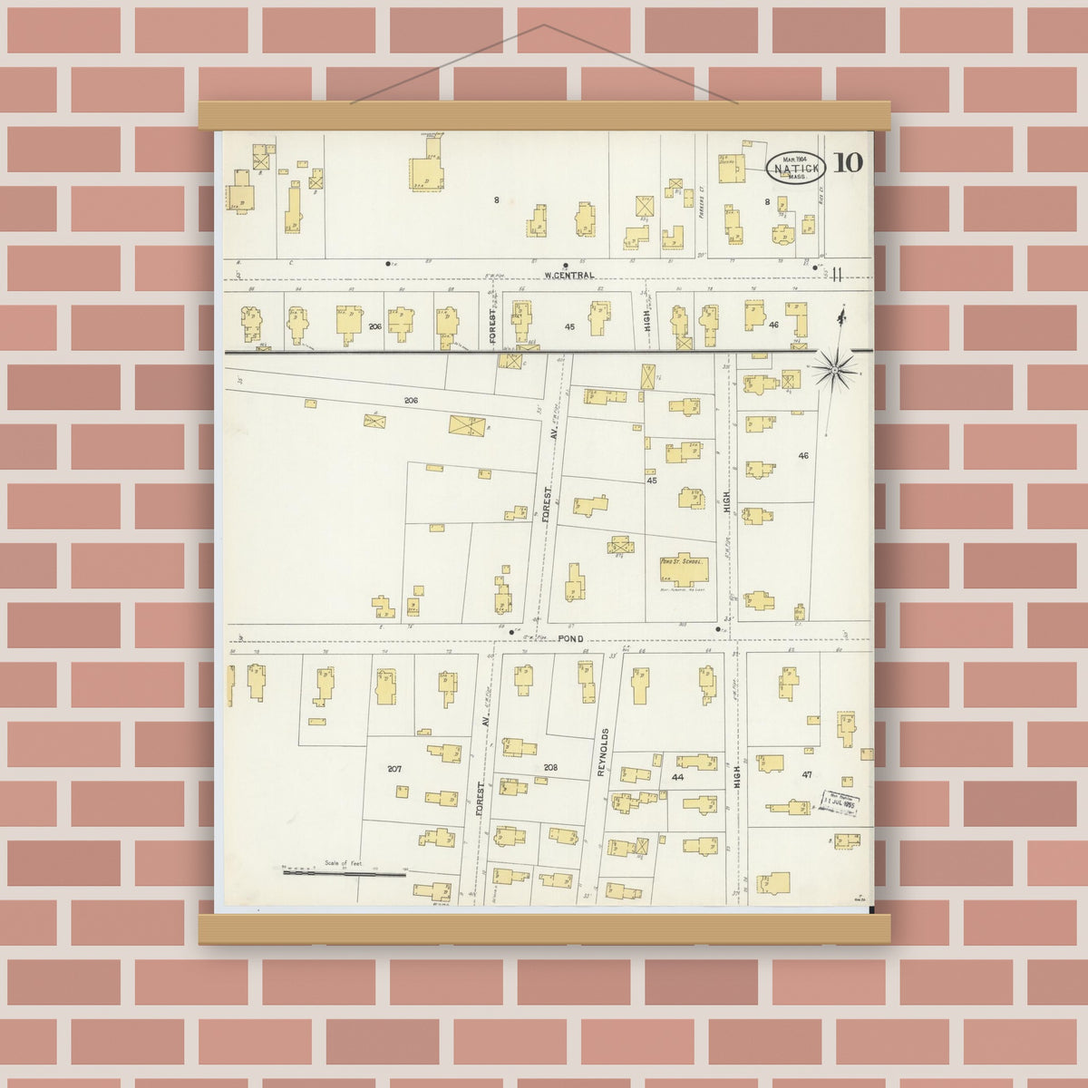 Old map wall art mockup — magnetic wood frame on brick wall — Sanborn Fire Insurance Map from Natick, Middlesex County, Massachusetts (1904), Sheet #0010