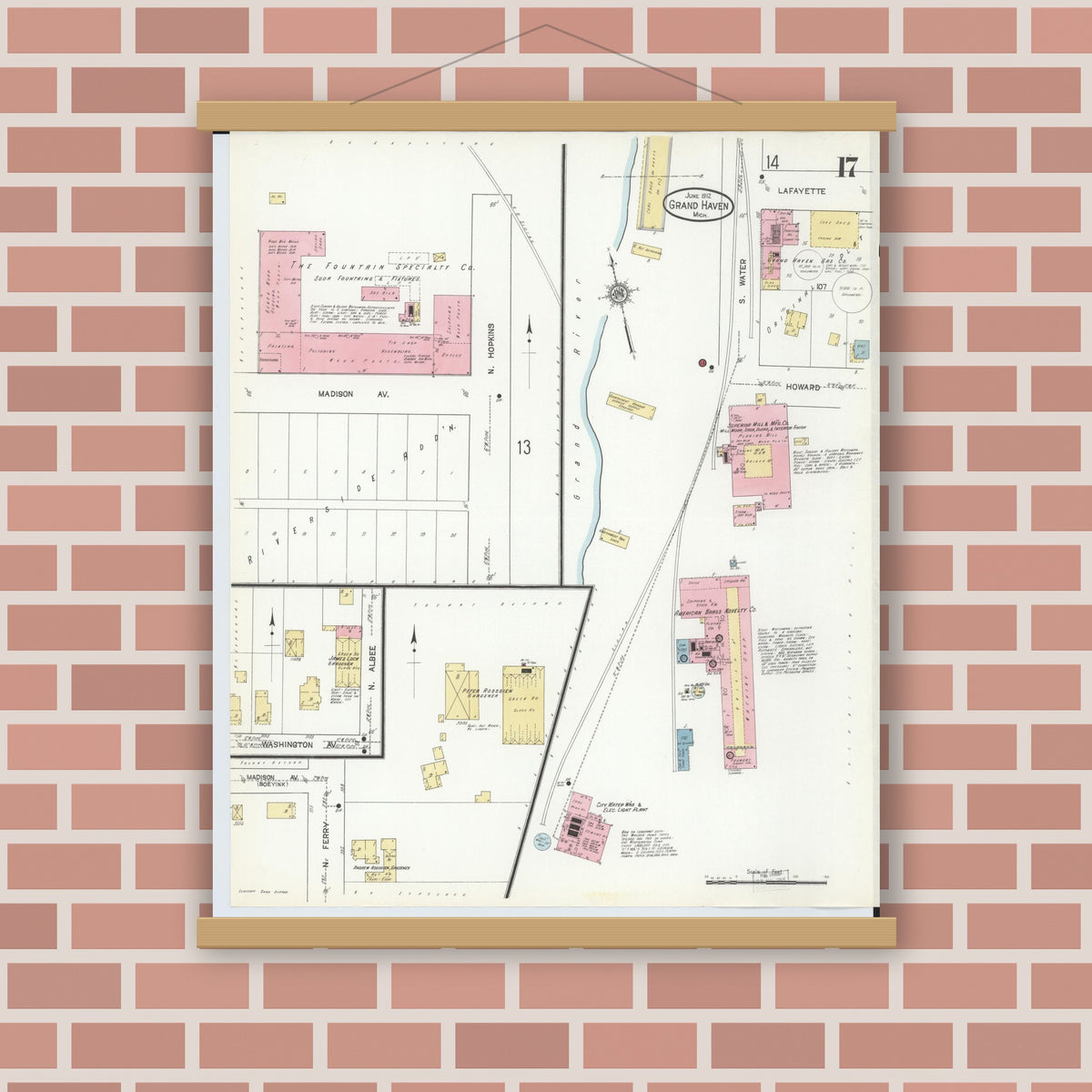 Old map wall art mockup — magnetic wood frame on brick wall — Sanborn Fire Insurance Map from Grand Haven, Ottawa County, Michigan (1912), Sheet #0017