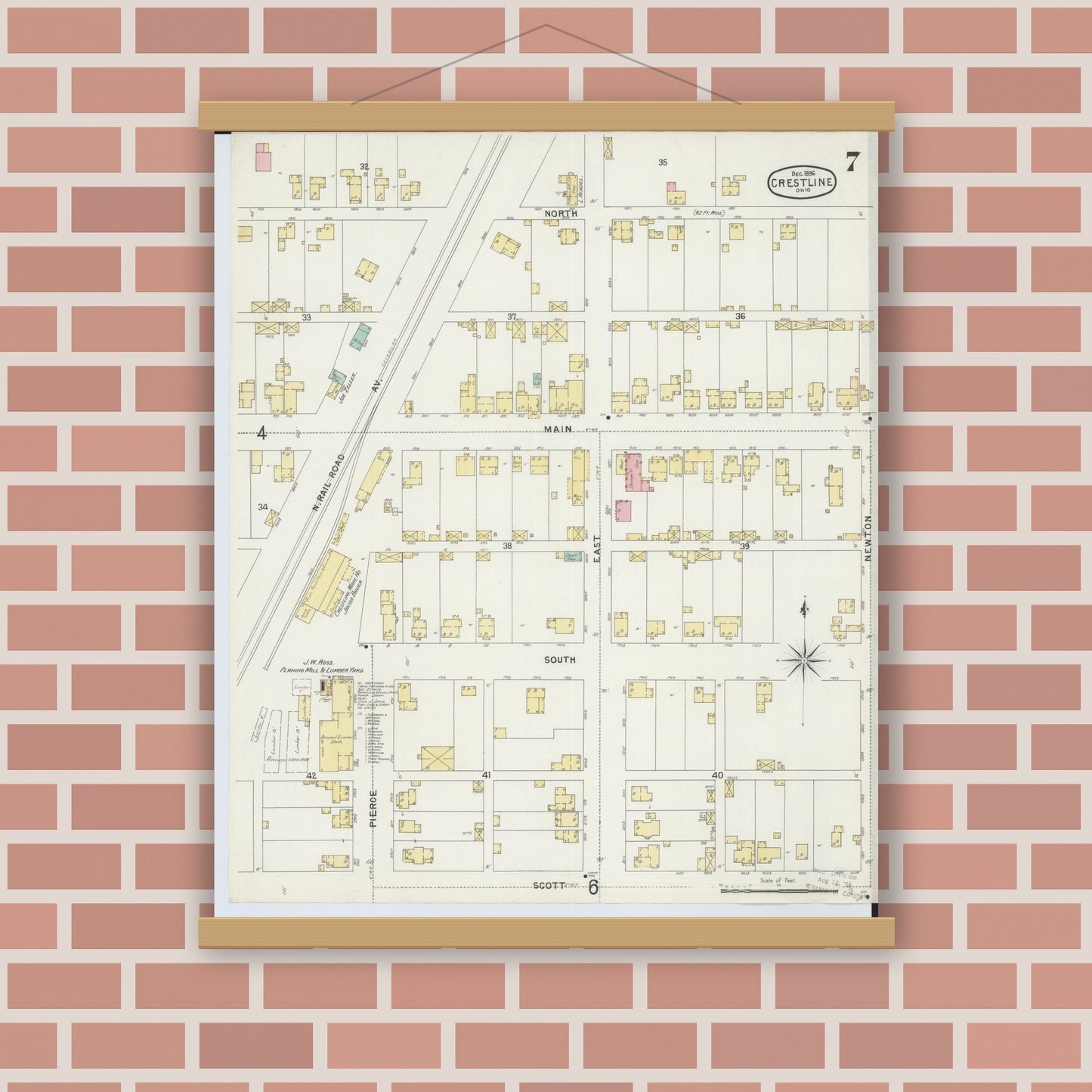 Old map wall art mockup — magnetic wood frame on brick wall — Sanborn Fire Insurance Map from Crestline, Crawford County, Ohio (1896), Sheet #0007