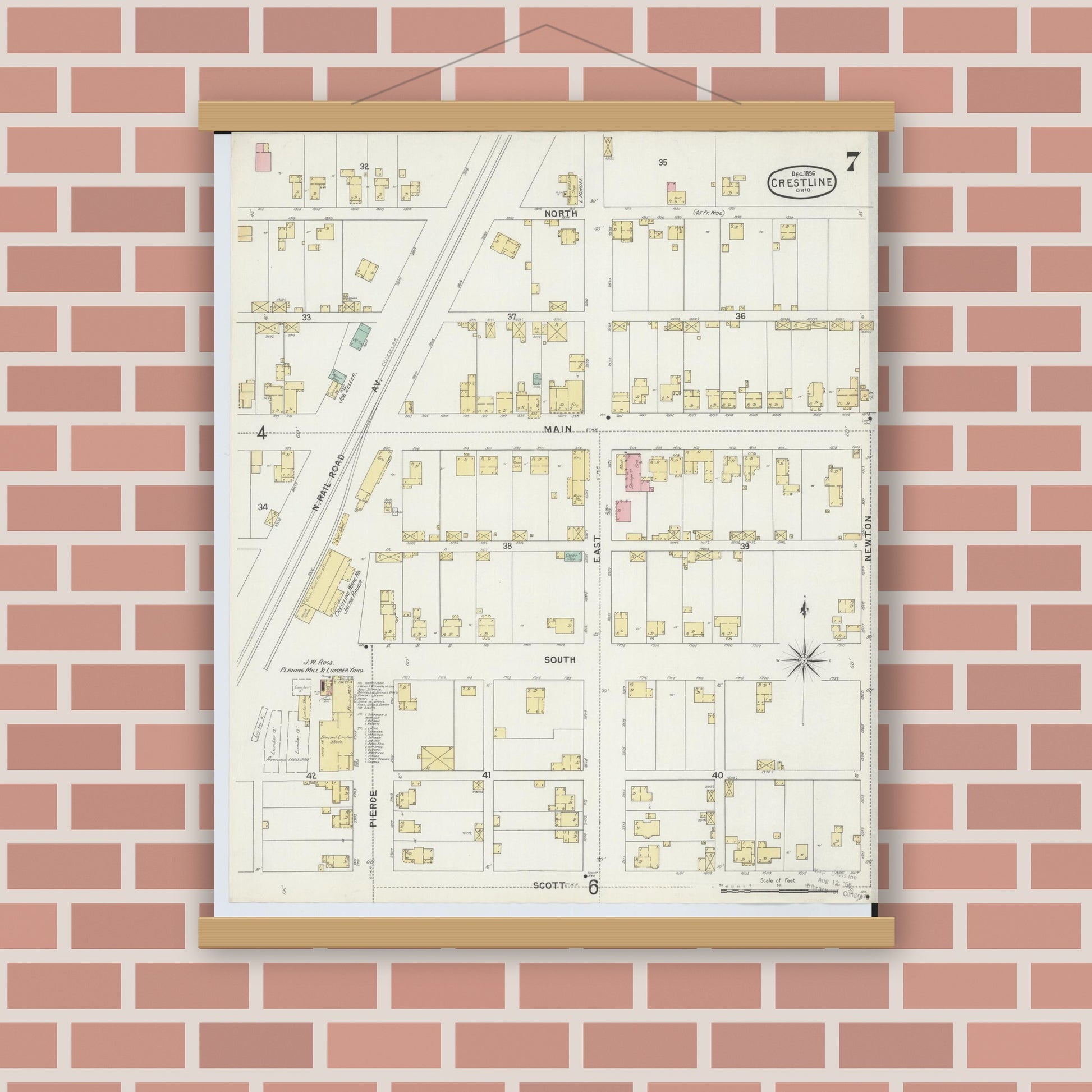 Old map wall art mockup — magnetic wood frame on brick wall — Sanborn Fire Insurance Map from Crestline, Crawford County, Ohio (1896), Sheet #0007